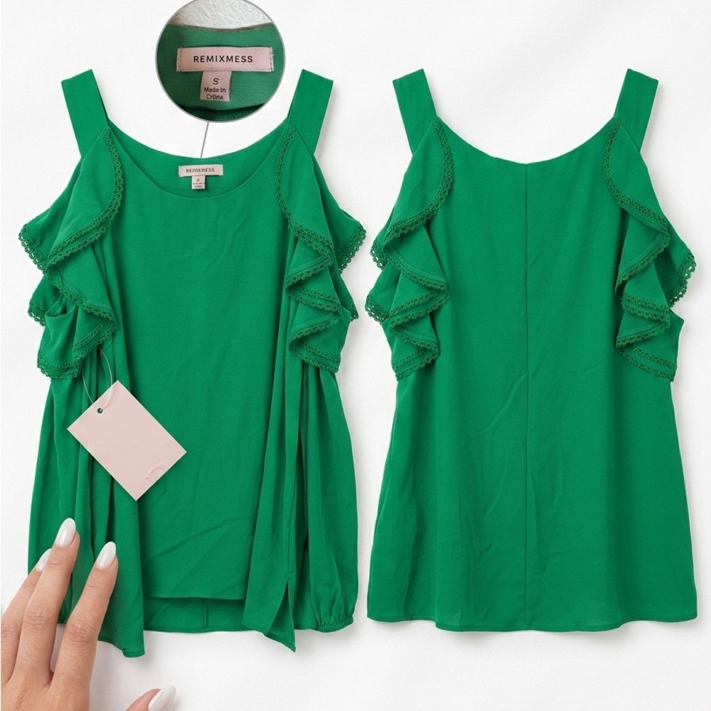 Green Ruffle Sleeveless Top - Picture 1 of 5